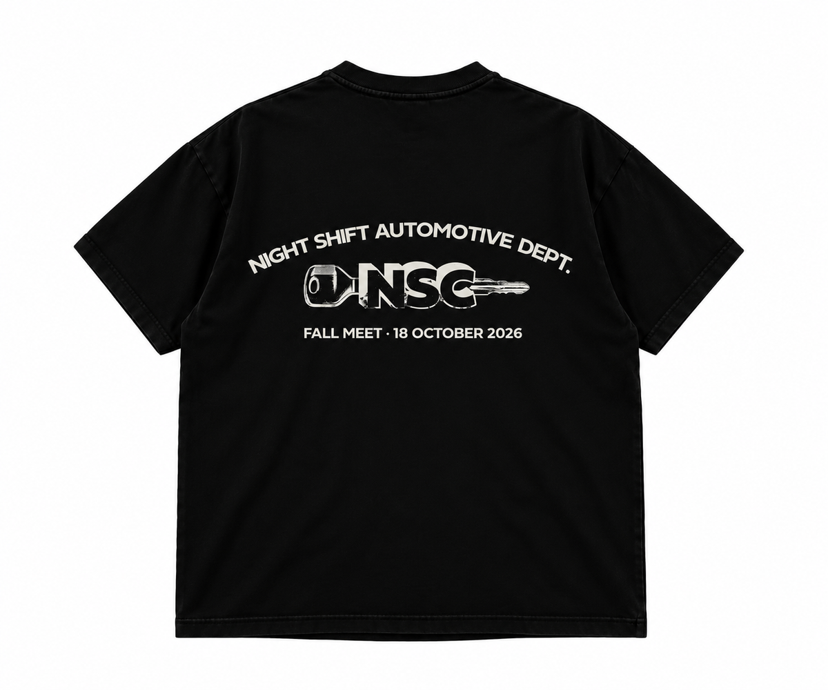 Black Night Shift Automotive T-shirt, back with NSC key graphic and Fall Meet 18 October 2026 lettering
