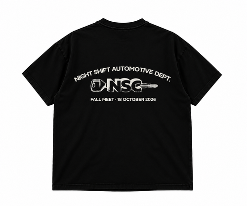 Black Night Shift Automotive T-shirt, back with NSC key graphic and Fall Meet 18 October 2026 lettering