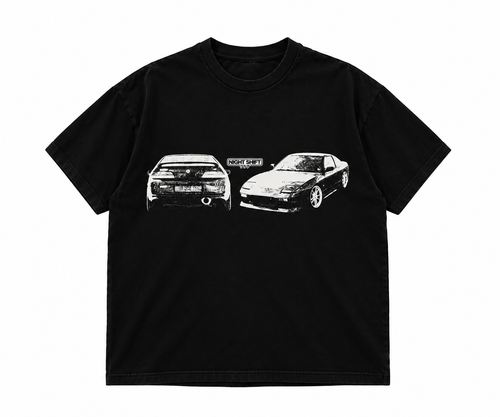 Black Night Shift Automotive T-shirt, front with white car graphic